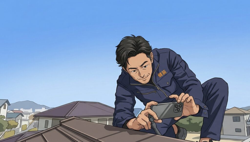 雨漏り調査にお様宅を訪れた東京23区の雨漏り修理専門、株式会社健装・代表の由野さんが屋根の上に登り、雨漏りの可能性のある箇所を撮影している様子。