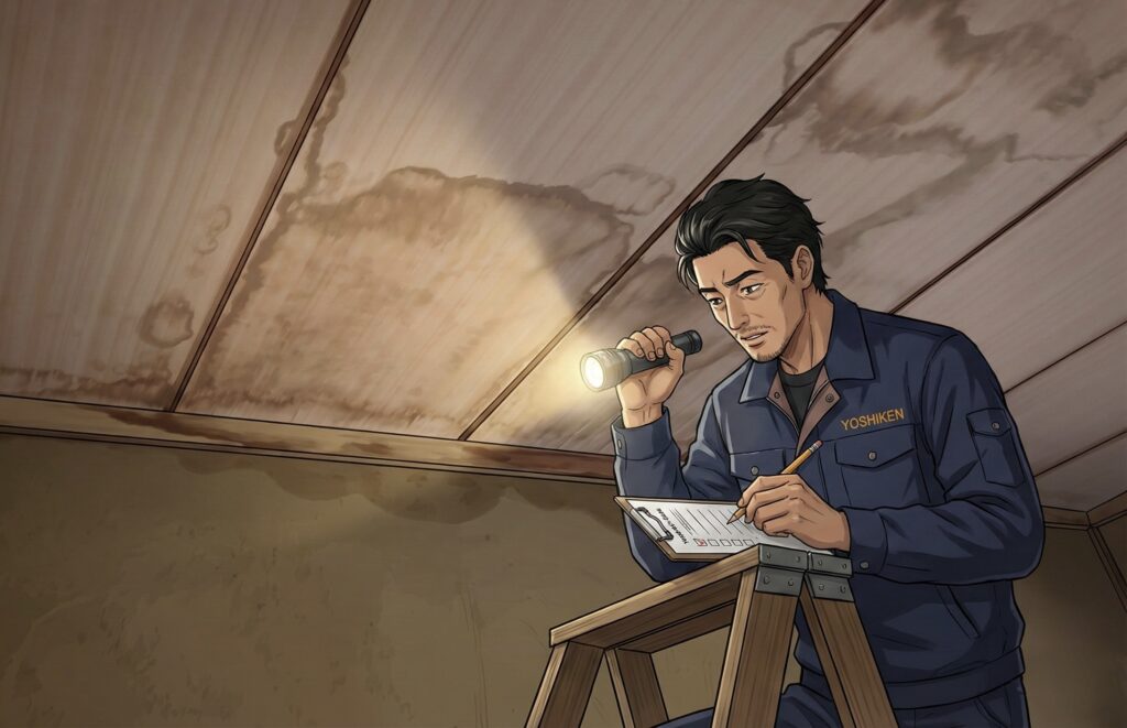 雨漏り調査にお様宅を訪れた東京23区の雨漏り修理専門、株式会社健装・代表の由野さんが室内の天井の雨染みを調査している様子。