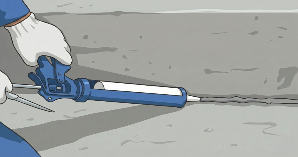 東京23区の雨漏り修理専門、株式会社健装・代表の由野さんによる、コーキング補修のイメージイラスト