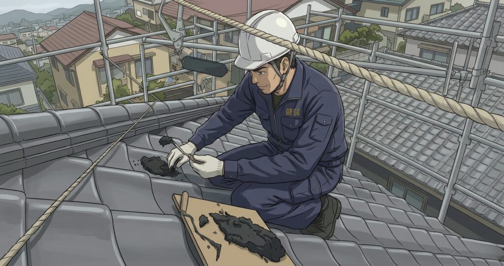 東京23区の雨漏り修理専門、株式会社健装・代表の由野さんが、割れて雨漏りの原因になっている瓦を屋根の上に登って修理している様子